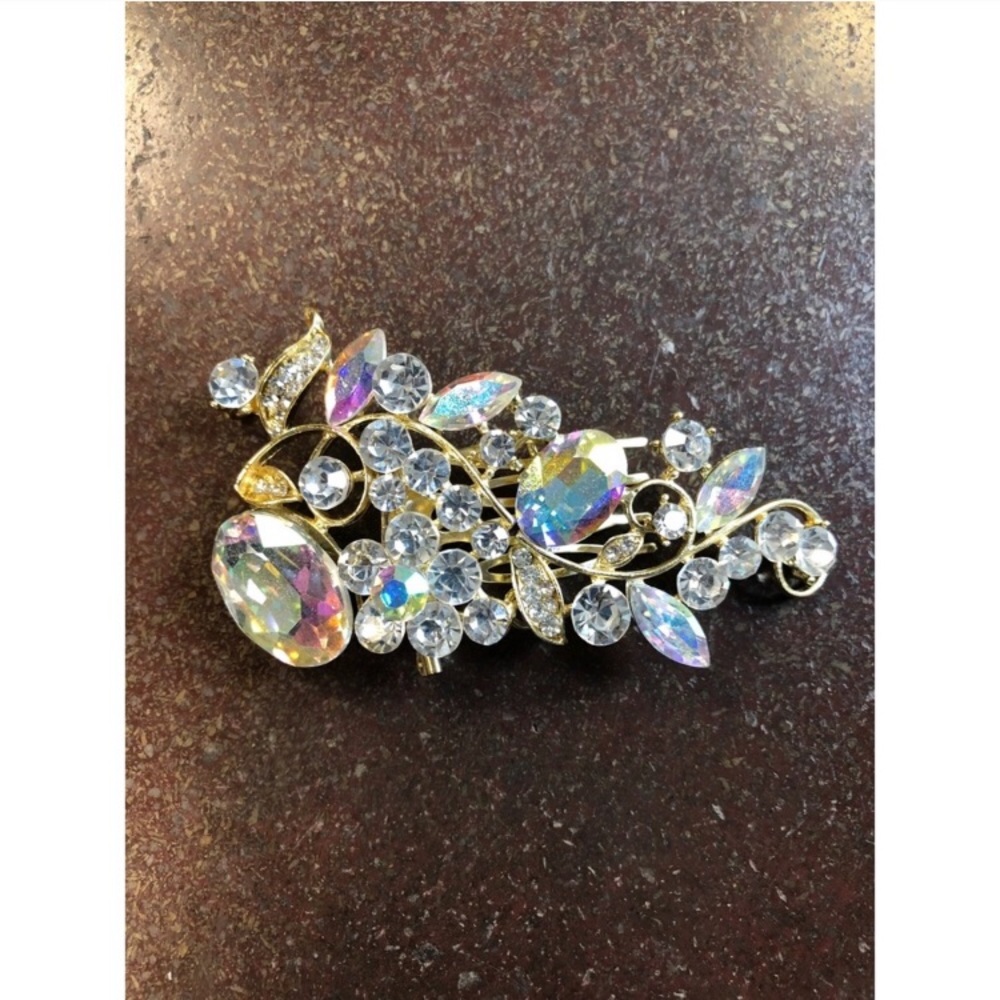Floral Iridescent Gold Brooch Hair Pin Blue Gold